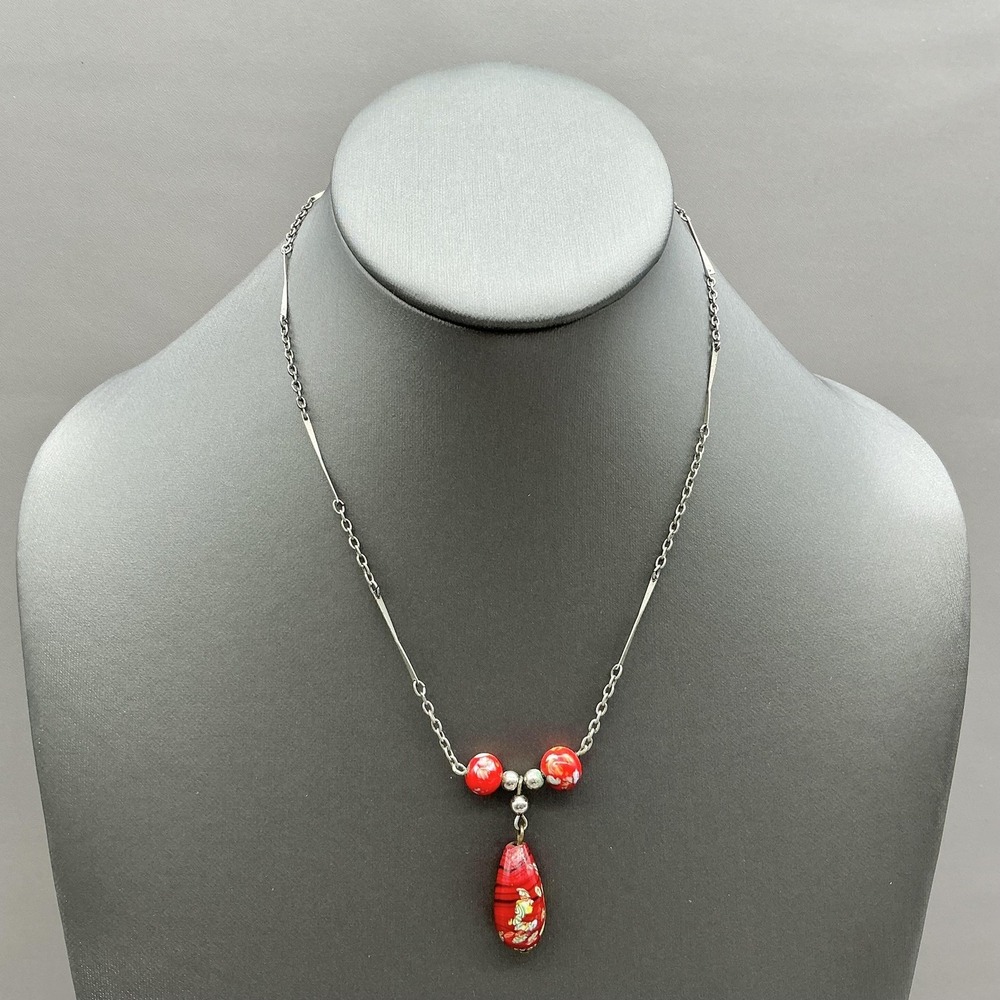 Necklace Red Glass Beaded Floral Teardrop Pendant Silver Tone Womens Jewelry